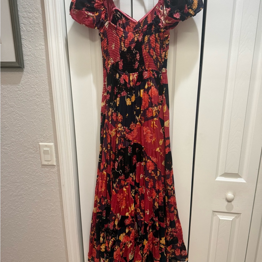 Free People Red and Black Floral Puff-Sleeve Maxi Dress